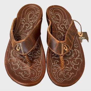 Olukai Mekila Sandals Flip Flop Mens Size 10 Comfort Brown Embroidered
